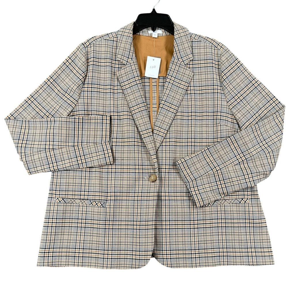 J. Jill Plaid Blazer Womens L Tan Blue Single Button Stretch Office Jacket NWT